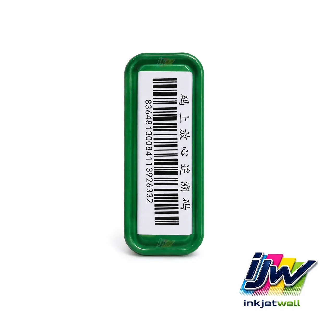 High-contrast linear barcode and traceability text printed on a green plastic component