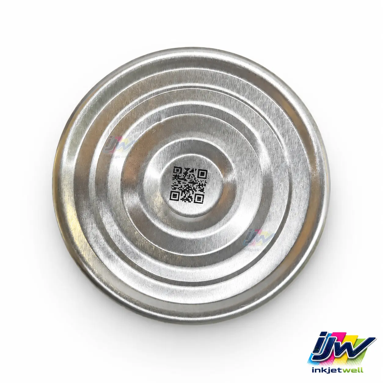 Black QR code printed in the recessed center of a reflective metal can lid