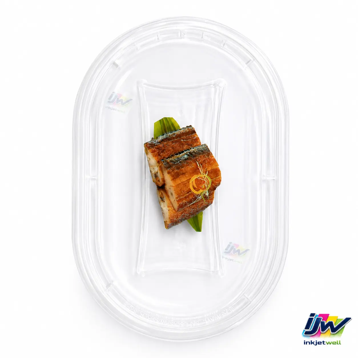 Clear rigid plastic food-container sample prepared for direct UV inkjet testing