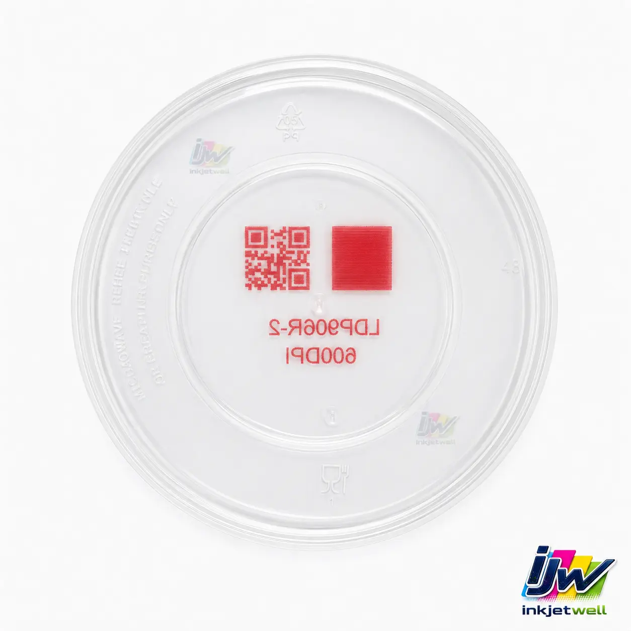 Red QR code, test patch and variable text printed on a transparent plastic lid